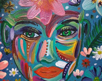 Vibrant Tropical Face Painting: Woman with Flowers, Palms, Ocean Waves Wall Art