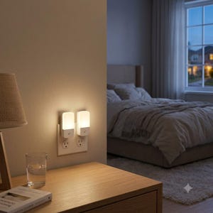 DORESshop LED Night Light 2-Pack, Dimmable Plug-in Wall Lights, 3000K Soft White Dusk-to-Dawn Sensor Nightlights for Bedroom & Hallway