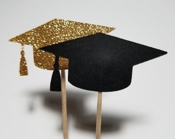 Graduation Cap Cupcake Toppers: Black & Gold Glitter Party Picks