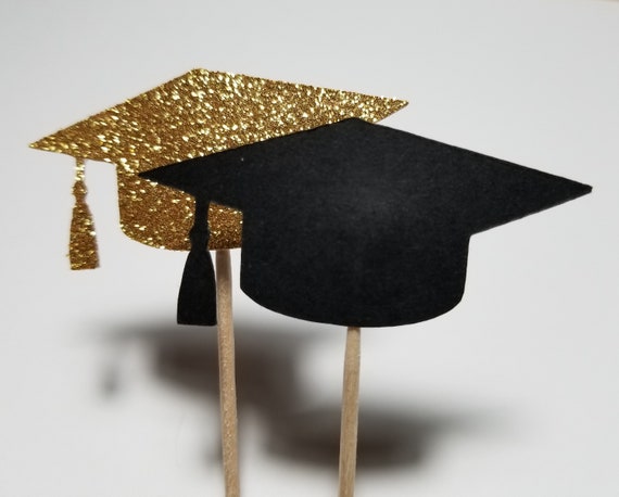 Graduation Cap Cupcake Toppers: Black & Gold Glitter Party Picks