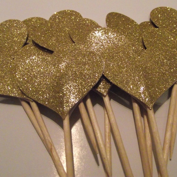 24 Gold Heart Cupcake Toppers,Wedding Picks,Party Picks,Food Picks