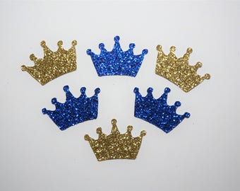 25 Gold and Royal Blue Glitter Crowns,Baby Shower,Confetti,Birthday,Princess,Prince,King