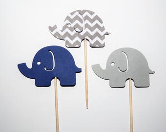 24 Navy Blue and Gray Elephant Standard Cupcake Toppers,Baby Shower,1st Birthday,Gender Reveal,Baby Boy