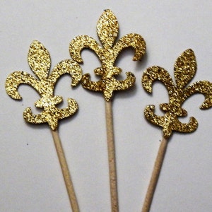 24 Gold Glitter Fleur De Lis Cupcake Toppers,Wedding Picks,Party Picks,Food Picks,Mardi Gras,French Party Decor