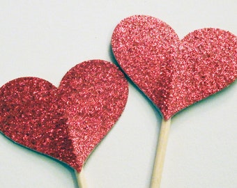 Red Glitter Heart Cupcake Toppers,Wedding,Birthday,Anniversary,Valentines Day,Engagement,Bridal Shower