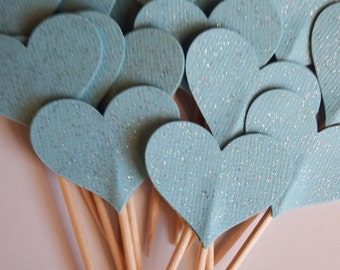 Blue Glitter Heart Cupcake Toppers,Baby Shower,Gender Reveal,Birthday,Wedding