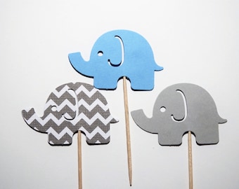 24 Light Blue and Gray Elephant Standard Cupcake Toppers,Baby Shower,1st Birthday,Gender Reveal,Baby Boy