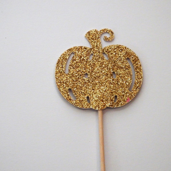 Gold Glitter Pumpkin Cupcake Toppers,Fall Theme,Wedding,Baby Shower,Thanksgiving,Fall Entertaining,Harvest Decor