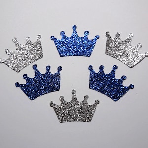 25 zilveren en koningsblauwe glitterkronen, babyshower, confetti, verjaardag, prinses, prins, koning