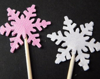 Adornos para cupcakes con copos de nieve brillantes: selecciones para fiestas en rosa y blanco