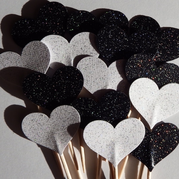 Black and White Glitter Heart Cupcake Toppers,Anniversary,Wedding,Bridal Shower,Birthday,Baby Shower,Engagement