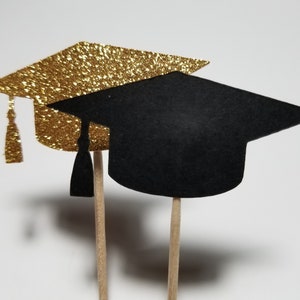 May include: Two graduation caps on wooden sticks. One cap is gold glitter and the other is black.