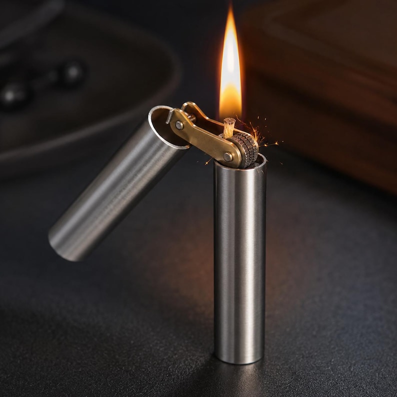 May include: A cylindrical metal lighter with a brushed silver finish and a brass-colored ignition mechanism. The lighter is open with its cap tilted to the side, displaying a lit flame emerging from the wick and a textured flint wheel.