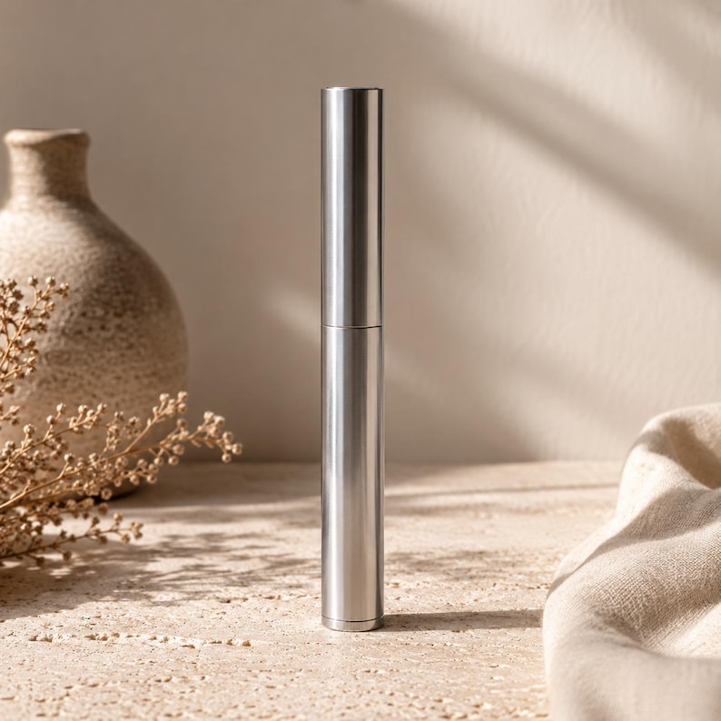 May include: A cylindrical metal tube with a smooth, brushed silver finish. The object features a clean, vertical design with a subtle horizontal seam dividing the upper and lower sections, creating a sleek and uniform appearance throughout.