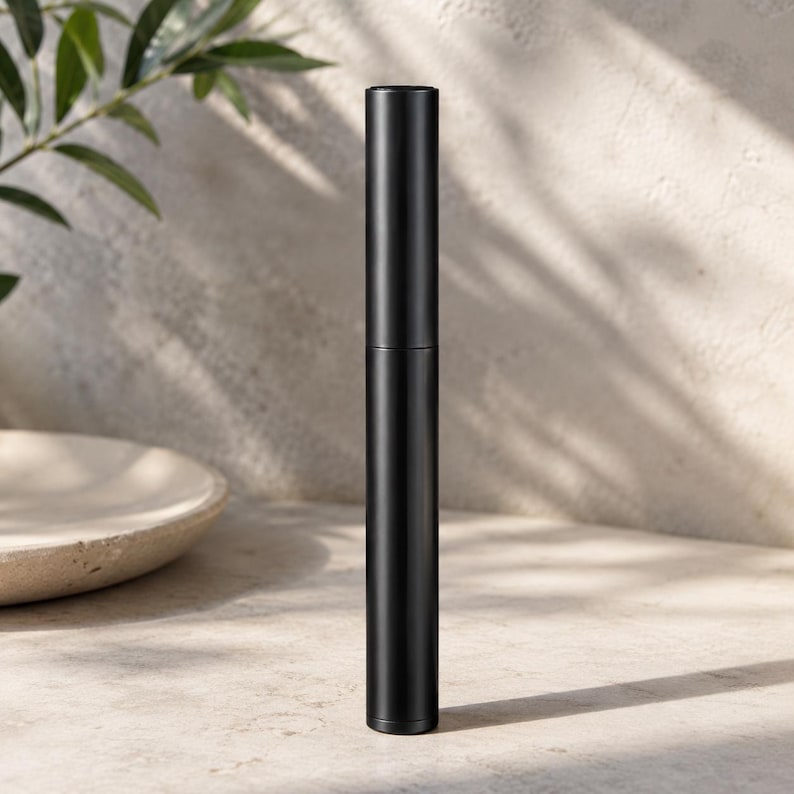 May include: A sleek, cylindrical black tube with a smooth matte finish. The object stands vertically and features a clean, minimalist design with a visible seam separating the cap from the main body, presenting a uniform and solid black color.