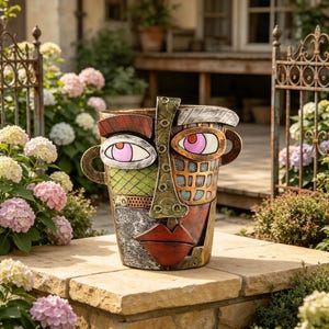 Picasso-style abstract face planter—a vibrant Cubist-style head planter, featuring hand-painted resin artistry.