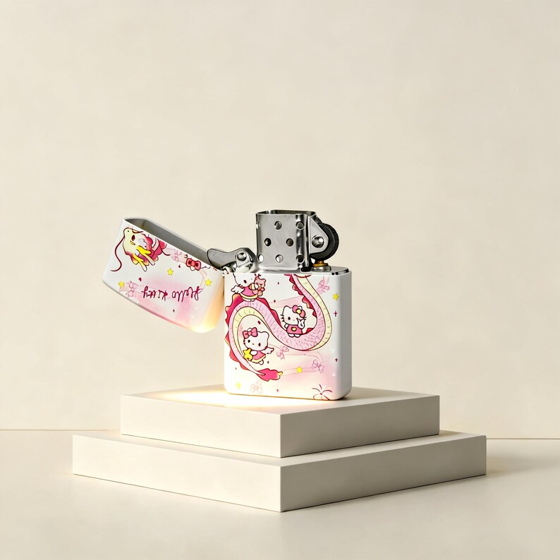 May include: A white metal flip-top lighter featuring a pink and yellow graphic of Hello Kitty characters and a long dragon-like creature. The design includes small stars and the text Hello Kitty in a cursive script on the open lid section.