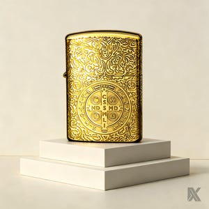 Puede incluir: Un encendedor de metal dorado con un intrincado patr&oacute;n grabado de remolinos en toda su superficie. Centrado en la parte frontal hay un dise&ntilde;o circular de la medalla de San Benito con las letras PAX, CSSML y NDSMDI claramente visibles en relieve.