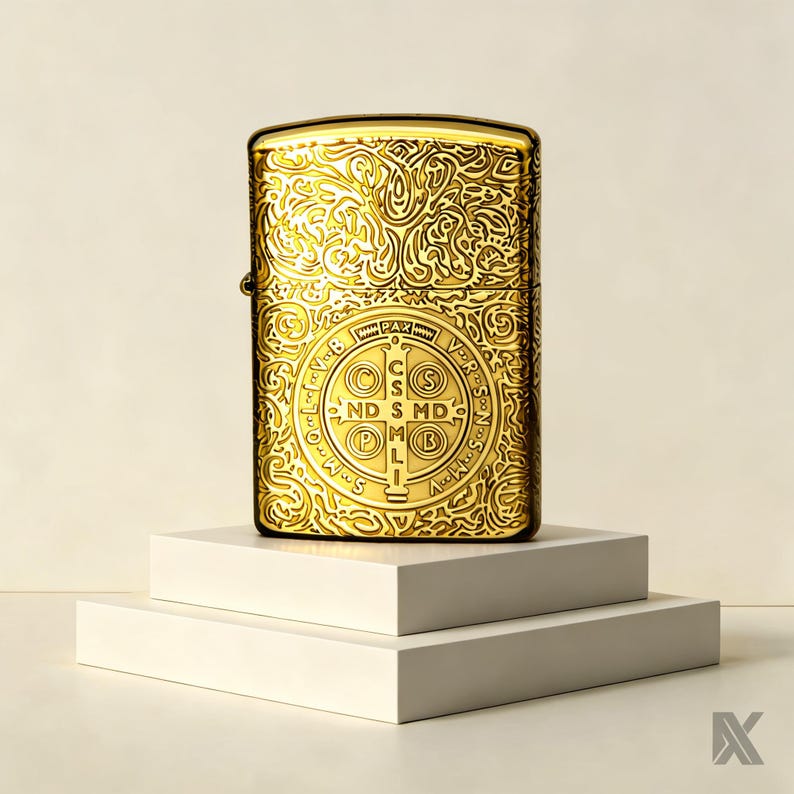 Puede incluir: Un encendedor de metal dorado con un intrincado patr&oacute;n grabado de remolinos en toda su superficie. Centrado en la parte frontal hay un dise&ntilde;o circular de la medalla de San Benito con las letras PAX, CSSML y NDSMDI claramente visibles en relieve.
