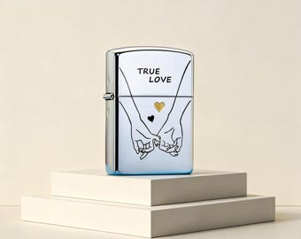 Polished Brass True Love Kerosene Lighter, Interlocking Hands Design, Refillable Windproof Pocket Lighter, Romantic Gift for Couples