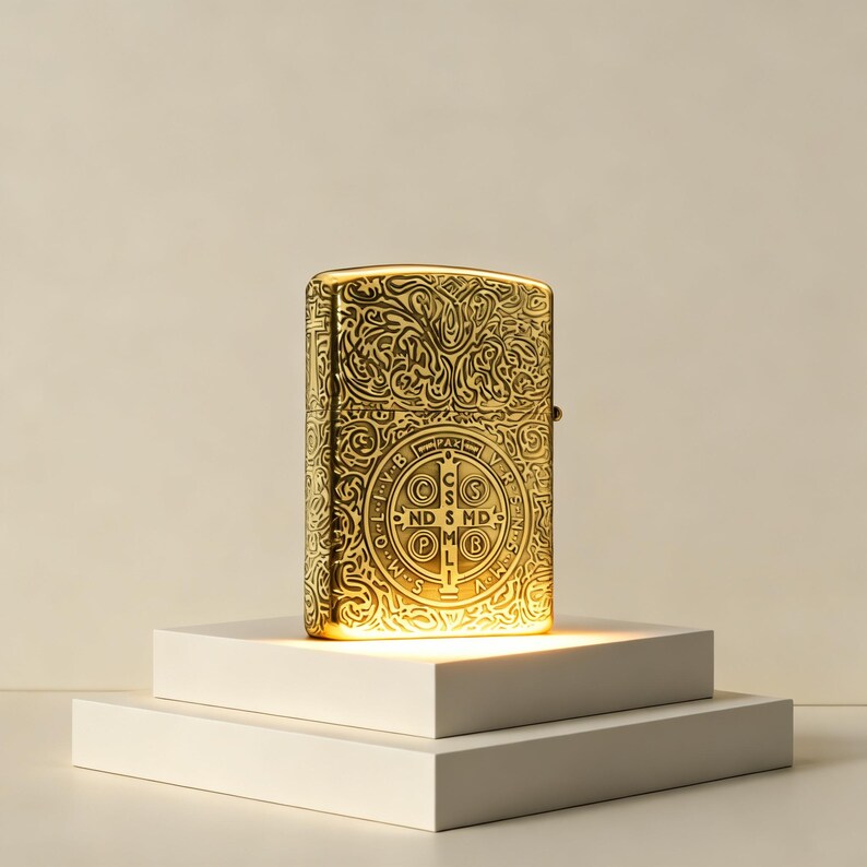 Puede incluir: Un encendedor rectangular de metal dorado con un intrincado patr&oacute;n de volutas profundamente grabado en su superficie. El centro muestra el dise&ntilde;o circular de una medalla de San Benito con las letras C S S M L I N D S M D.
