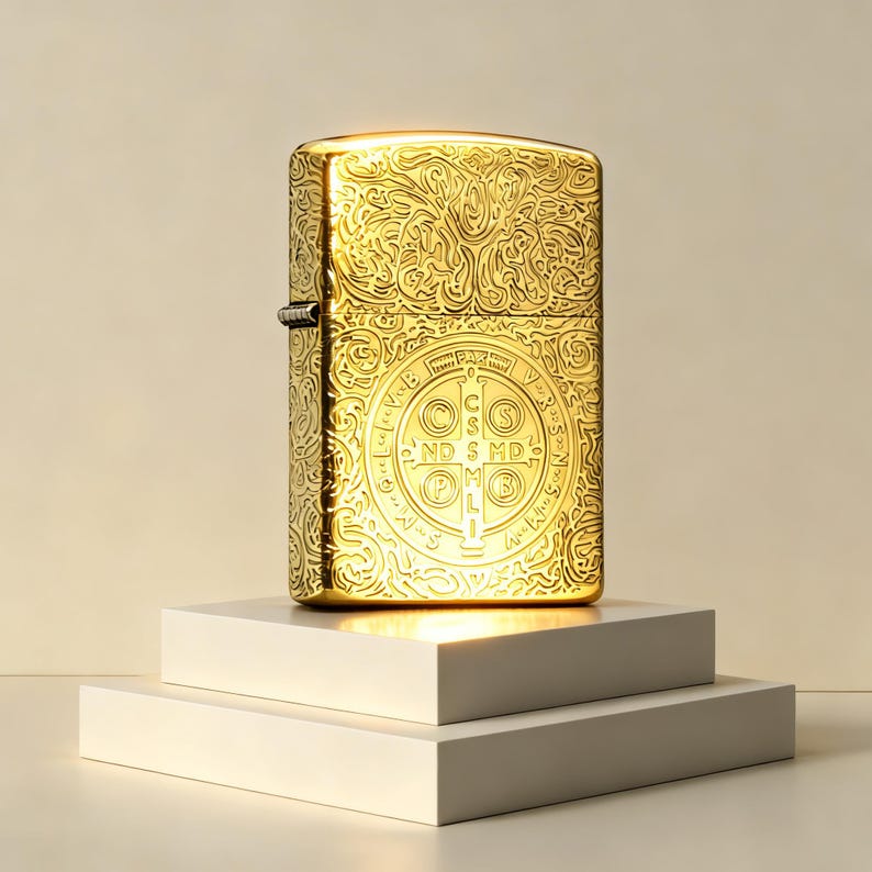 Puede incluir: Un encendedor de metal dorado con un intrincado patr&oacute;n de volutas en relieve en toda su superficie. La parte frontal muestra un dise&ntilde;o circular de la medalla de San Benito con las letras C S S M L N D S M D y V R S N S M V S M Q L I V B.