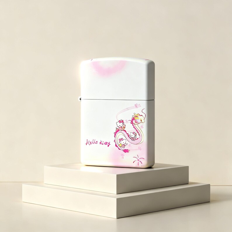 May include: A white rectangular metal lighter featuring a pink and yellow dragon graphic with small Hello Kitty characters. The text Hello Kitty is printed in pink script on the lower left side, with soft pink airbrushed accents on the surface.