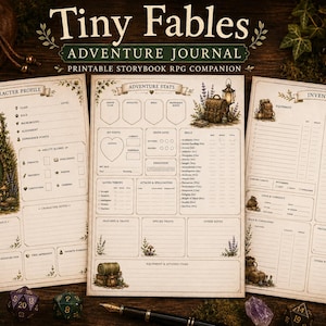 Puede incluir: Tres hojas de personaje RPG imprimibles tituladas Tiny Fables Adventure Journal. Las páginas incluyen secciones para perfil, estadísticas de aventura e inventario, decoradas con ilustraciones de una puerta hobbit, faroles y plantas.