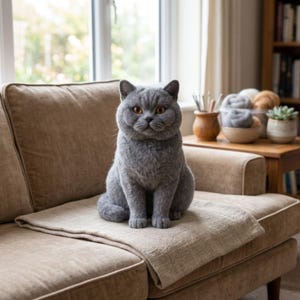 May include: A needle-felted gray cat figurine with amber eyes, sitting in an upright position. The cat has a dense, textured wool appearance, rounded ears, and a detailed facial structure, positioned on a light brown fabric surface.