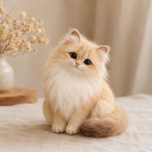 Op de afbeelding: Een naaldgevilte kattenfiguur met lange, pluizige lichtoranje en crèmekleurige vacht. De kat heeft grote, donkere, ronde ogen, een klein roze neusje en een dikke, getextureerde staart die om de zijkant van het lichaam is gekruld.