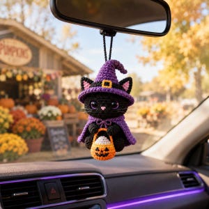 May include: A crocheted black cat ornament hanging from a rearview mirror. The cat wears a purple witch hat with a yellow buckle and a matching purple cape. It holds a small orange jack-o'-lantern bucket filled with white candy.