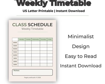 Class Schedule Printable • Weekly Student Timetable • School Planner PDF (US Letter)