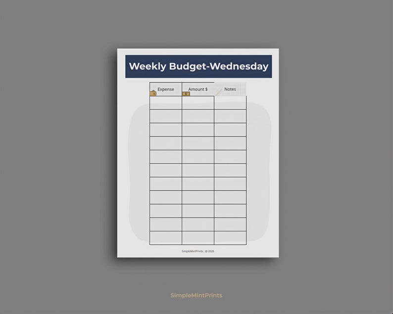 The image is a weekly budget-Wednesday form with a grid layout, providing a space for recording expenses and amounts.