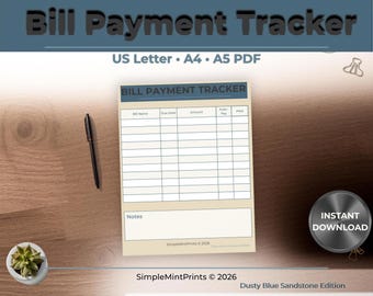 Dusty Blue Minimalist Bill Tracker, Monthly Payment Log (Printable PDF, US Letter/A4/A5)
