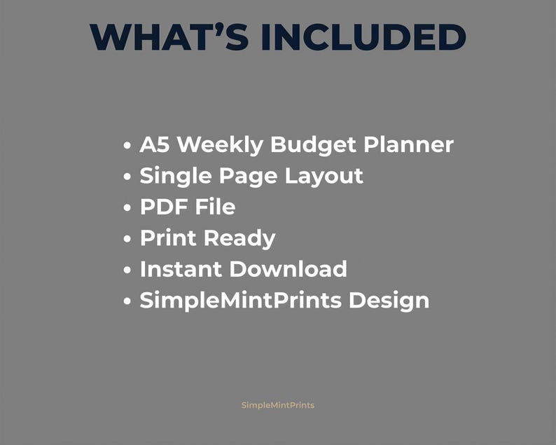 The image is a gray background with white text that reads "WHAT'S INCLUDEd" and "WHAT'S INCLUDed" in a bold font. Below this, there are four bullet points that list the included items: an A5 Weekly Budget Planner, a Single Page Layout, a PDF File, and a Print Ready.