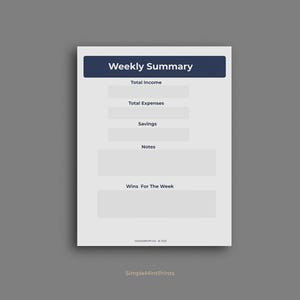 The image is a simple, minimalist, and clean layout with a focus on the central text "Weekly Summary" and the accompanying sections for tracking total income, total expenses, savings, and notes.