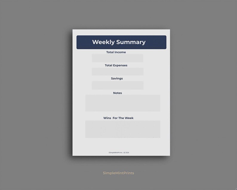 The image is a simple, minimalist, and clean layout with a focus on the central text "Weekly Summary" and the accompanying sections for tracking total income, total expenses, savings, and notes.