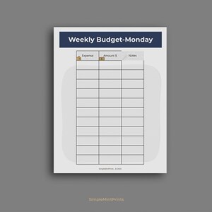 The image is a weekly budget-Monday form with a grid layout, allowing users to input their expenses and notes for each day of the week.