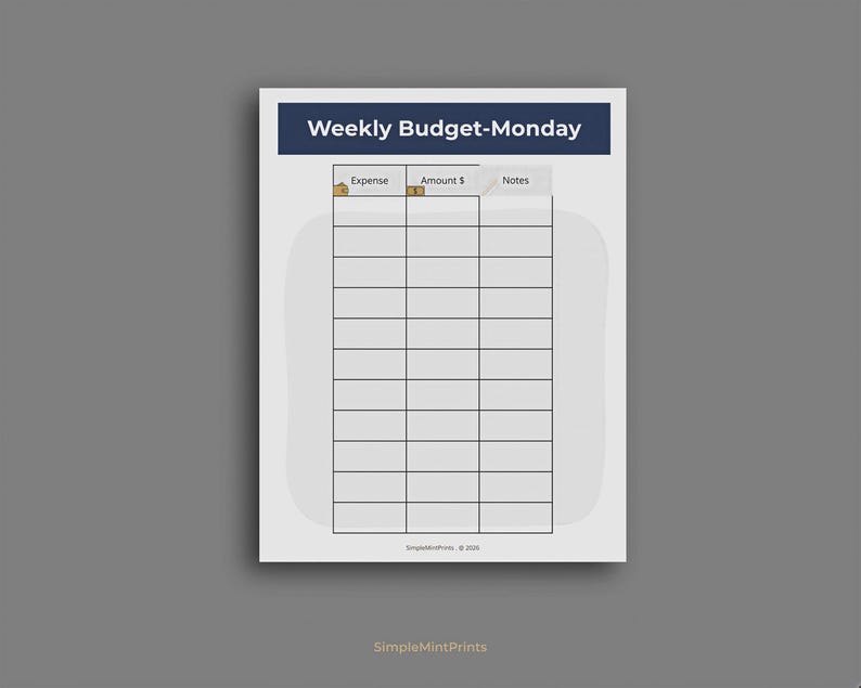 The image is a weekly budget-Monday form with a grid layout, allowing users to input their expenses and notes for each day of the week.