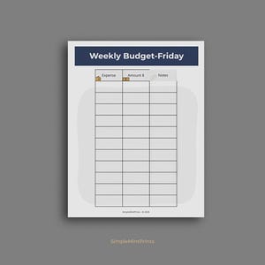 The image is a weekly budget-Friday form with a grid layout, allowing users to track their expenses and amounts.