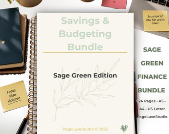 Sage Green Budget & Savings Bundle, Minimalist Finance Planner (Printable PDF, A5/A4/US Letter)