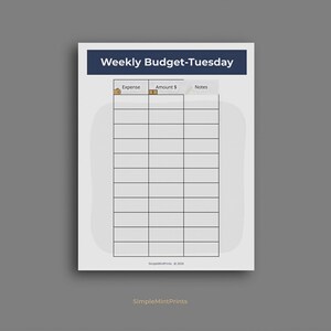 The image is a weekly budget-Tuesday form with a grid layout, providing a space for tracking expenses and notes.