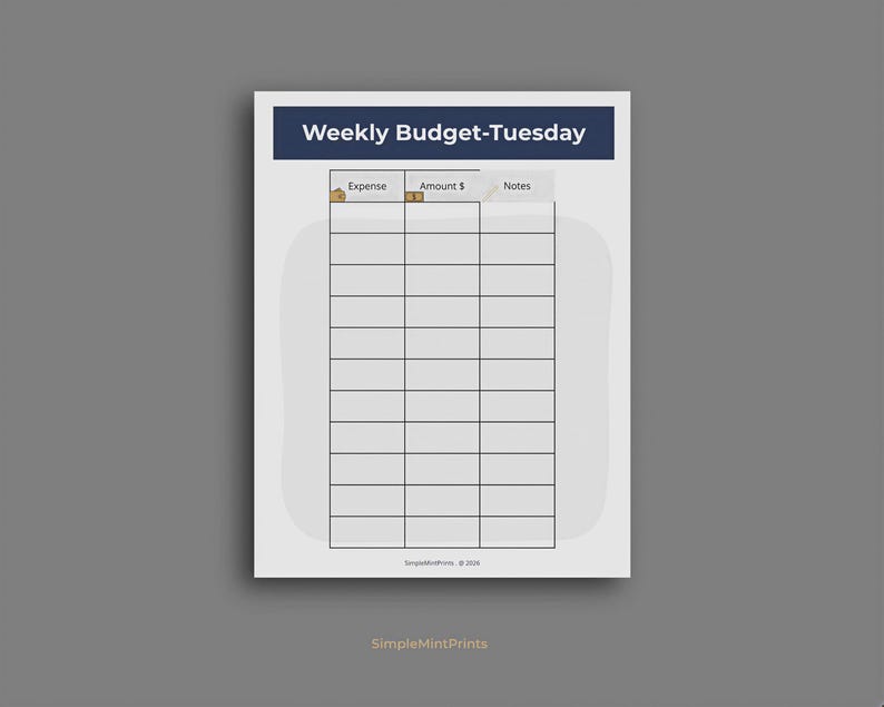 The image is a weekly budget-Tuesday form with a grid layout, providing a space for tracking expenses and notes.