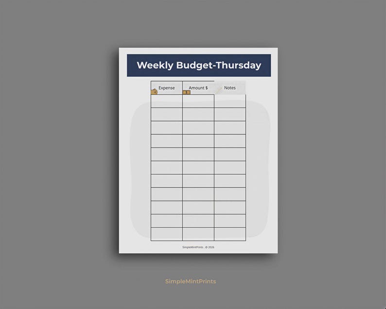The image is a weekly budget sheet titled "Weekly Budget-Thursday" with two columns for "Expense" and "Notes". The sheet appears to be a simple, minimalist budgeting tool.