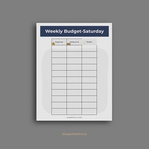 The image is a weekly budget spreadsheet titled "Weekly Budget-Saturday" with two columns labeled "Expense" and "Amount $". The spreadsheet appears to be a simple budgeting tool for tracking expenses and income over the weekend.