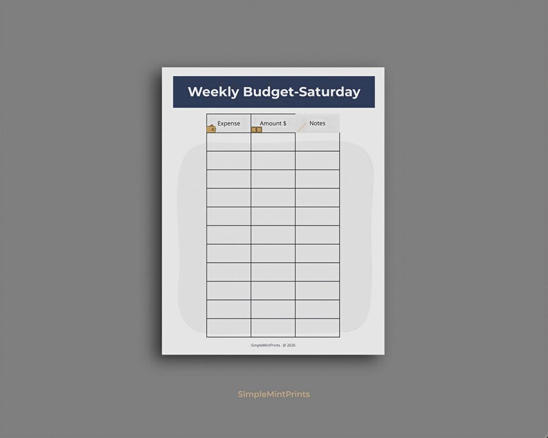 The image is a weekly budget spreadsheet titled "Weekly Budget-Saturday" with two columns labeled "Expense" and "Amount $". The spreadsheet appears to be a simple budgeting tool for tracking expenses and income over the weekend.