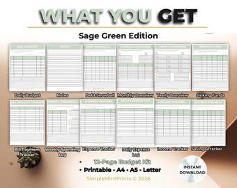 Sage Budget Kit, Minimalist Finance Bundle (Printable PDF, US Letter/A4/A5)