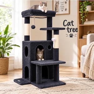 May include: A dark gray multi-level cat tree featuring a square enclosed base with circular openings, two sisal-wrapped scratching posts, a top platform, and a hanging toy. The structure is covered in soft fabric and includes a small side platform.