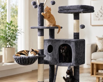 Cat Tree Tower, 41 Inch Cat Tree with Scratching Posts, Cat Condo with Hammock, Plush Platform, Scratch Board & Removable Toys