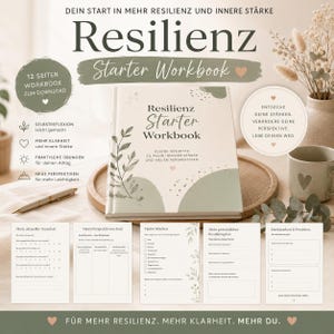 Op de afbeelding: Een Resilienz Starter Workbook met een beige kaft, groene abstracte vormen en botanische illustraties. De kaft bevat de tekst Resilienz Starter Workbook en Kleine Schritte zu mehr innerer Stärke und neuen Perspektiven. Vijf voorbeeldpagina's worden onder het boek weergegeven.